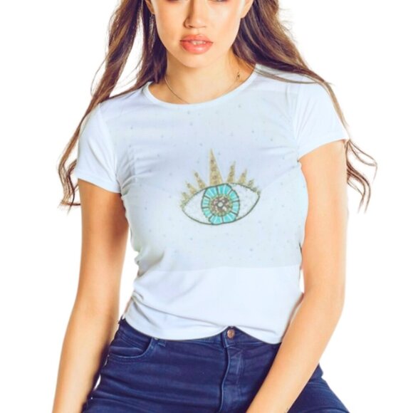 Lux Sequins Crystal Evil Eye Oversized T-Shirt Tie Front Women's VS - Picture 2 of 3